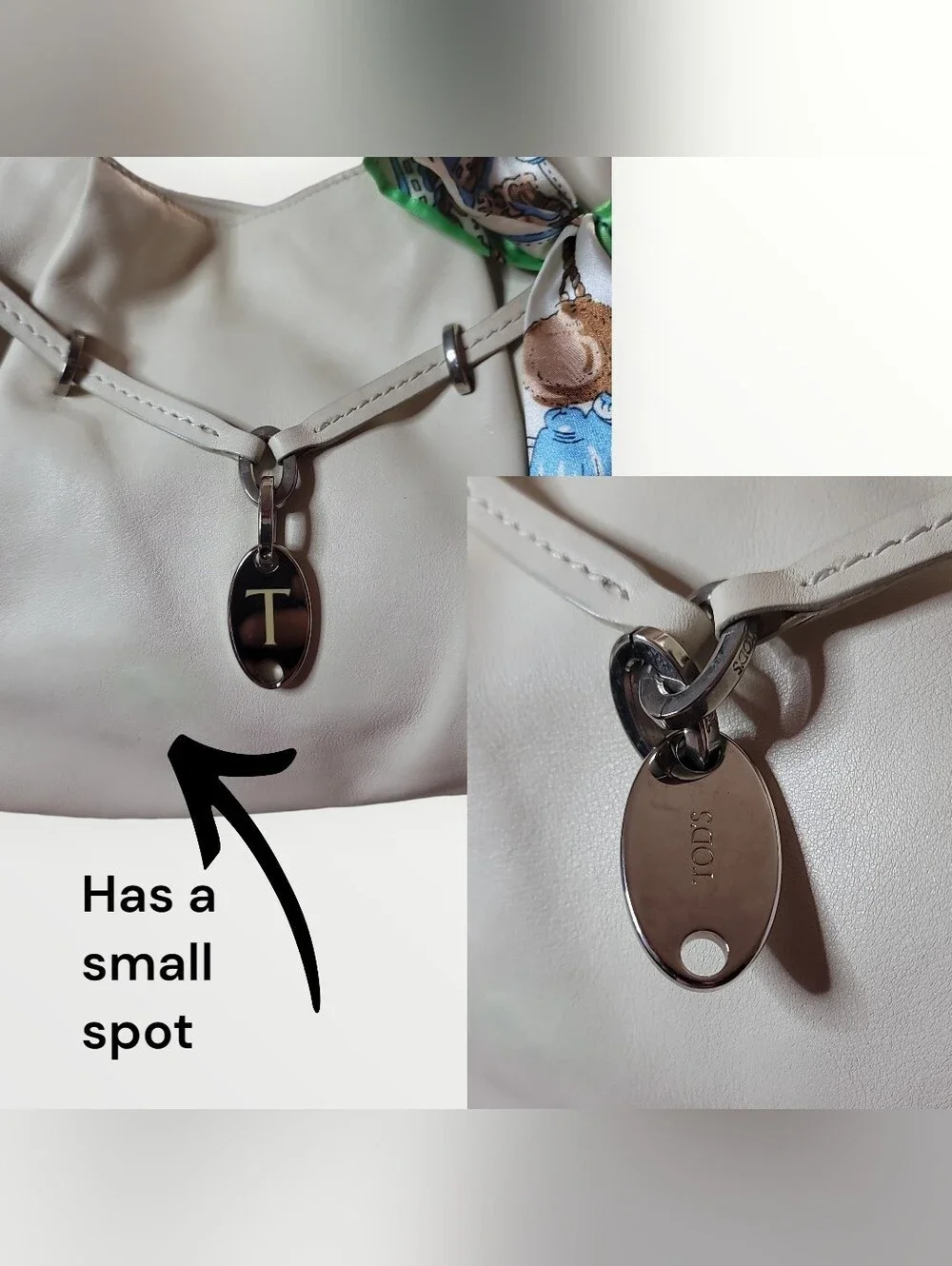 Tod's Cream Leather Hobo with Decorative Green-Blue Scarf Preloved